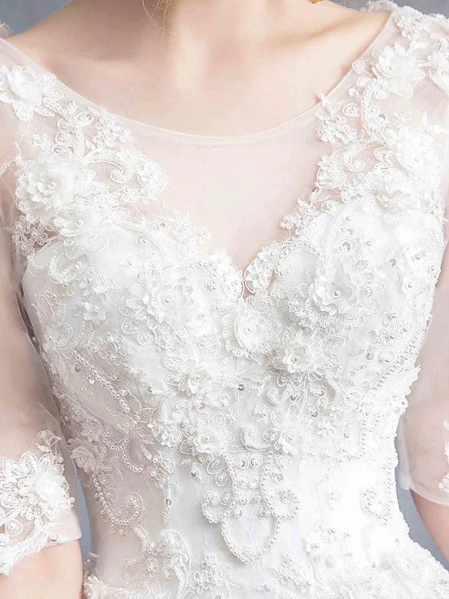 Glamorous See-Through Ball Gown Wedding Dress Scoop Lace Tulle Sequined Half Sleeve Bridal Gowns with Chapel Train