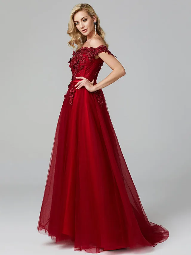 Glamorous Sleeveless Appliques Tulle A-Line Prom Dresses