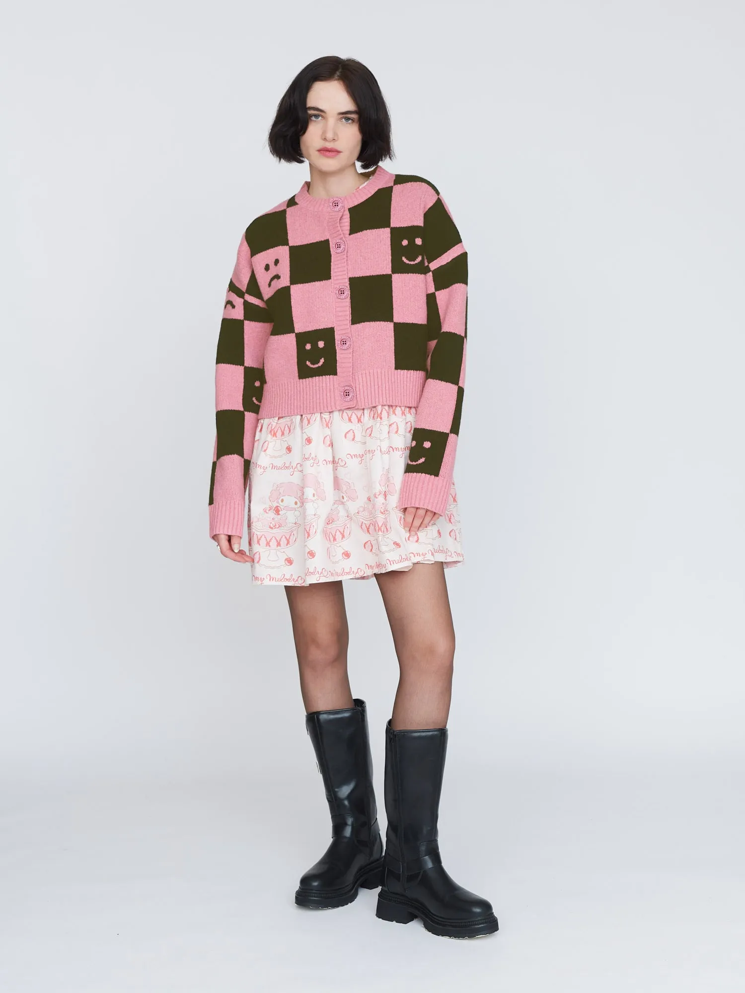 Happy Sad Pink & Khaki Checkerboard Cardigan