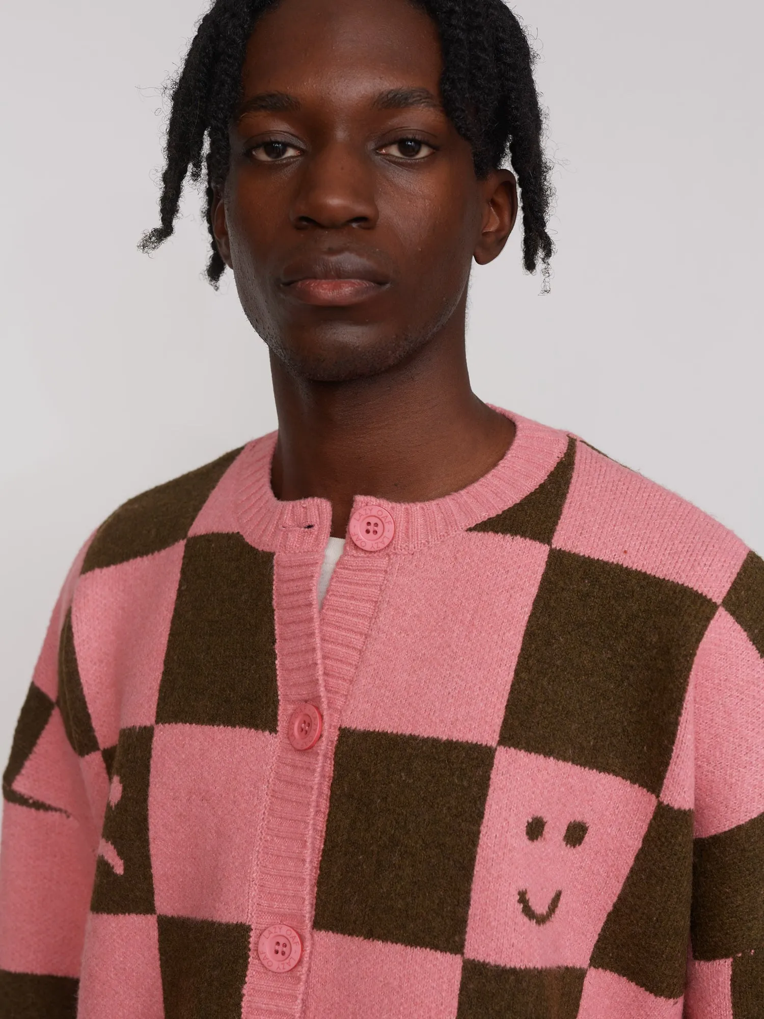 Happy Sad Pink & Khaki Checkerboard Cardigan