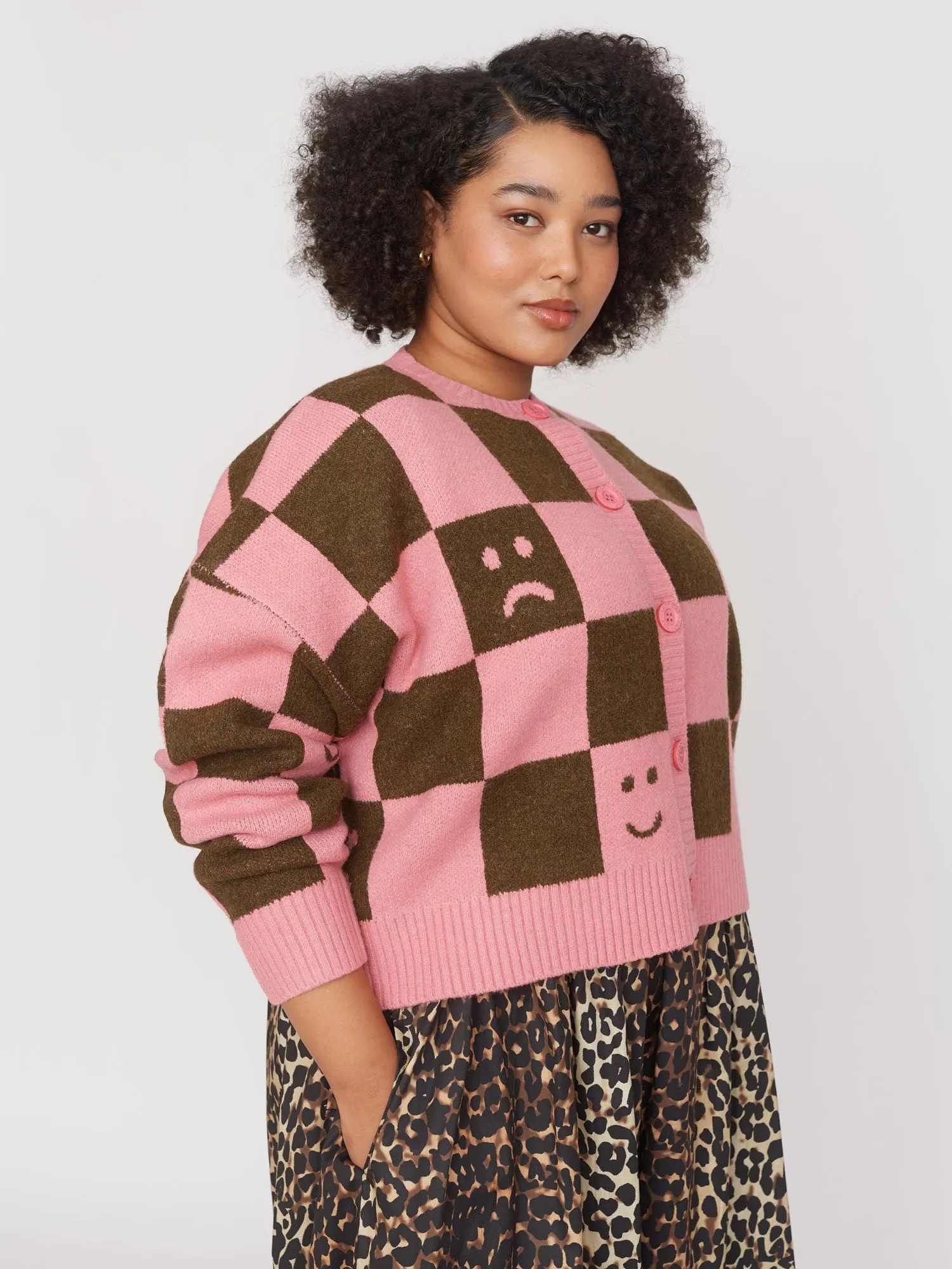 Happy Sad Pink & Khaki Checkerboard Cardigan