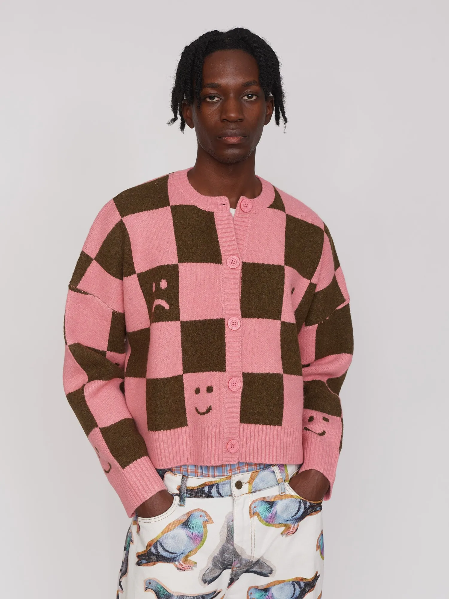 Happy Sad Pink & Khaki Checkerboard Cardigan