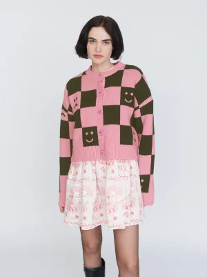 Happy Sad Pink & Khaki Checkerboard Cardigan