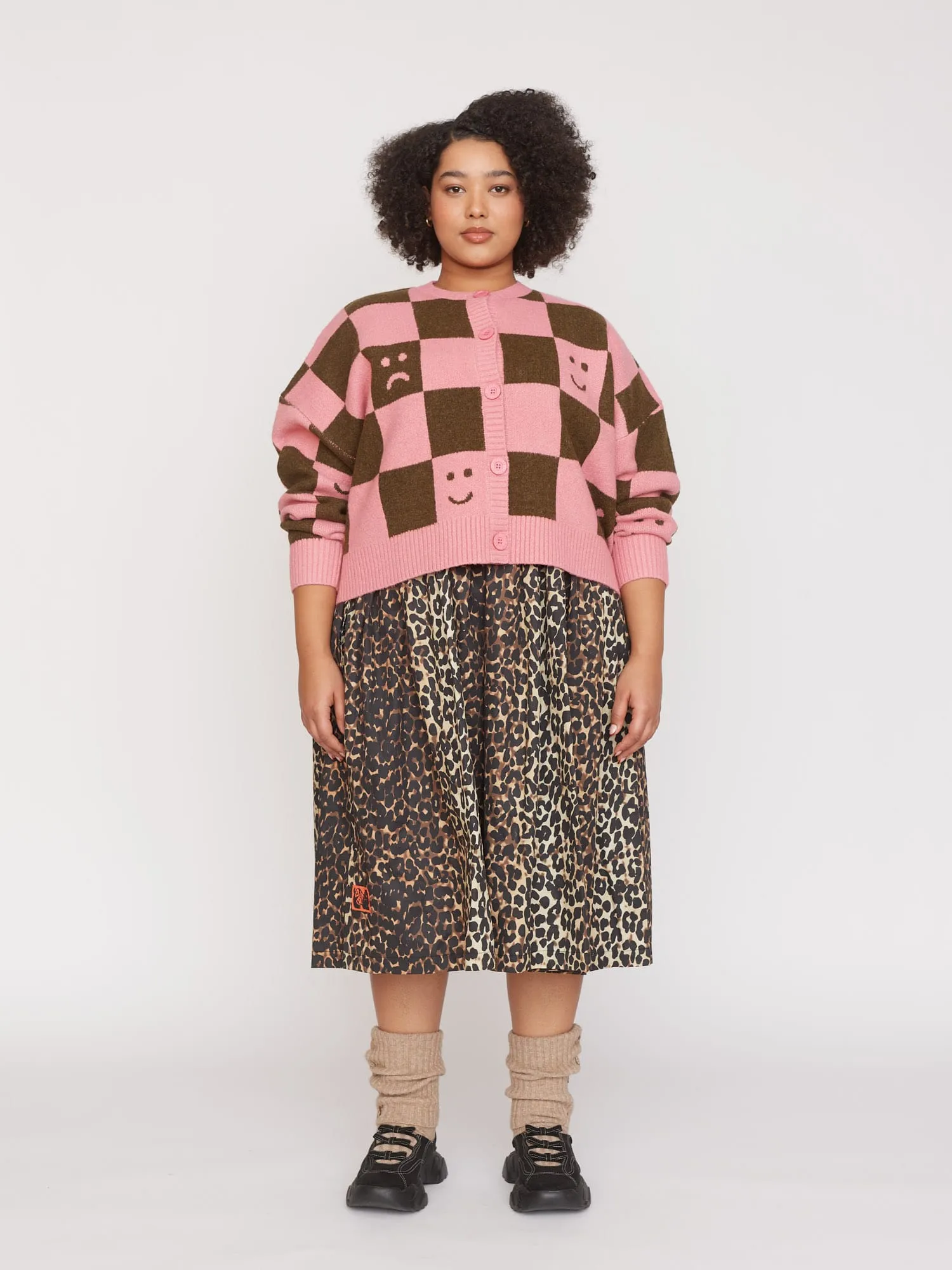 Happy Sad Pink & Khaki Checkerboard Cardigan