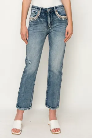 High Rise Crystal Embellished Crop Straight Jeans