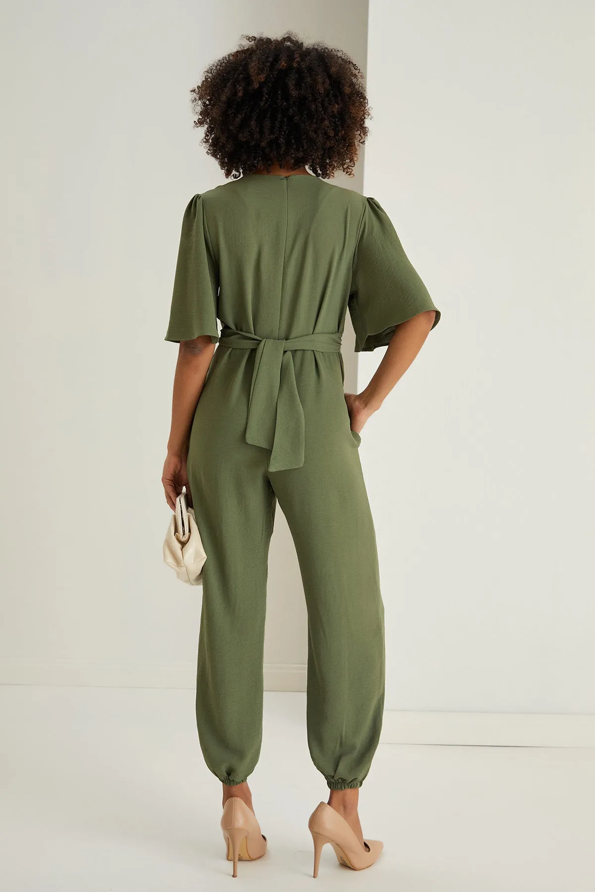 Jessica Angel Sleeve Wrap Jumpsuit in Khaki