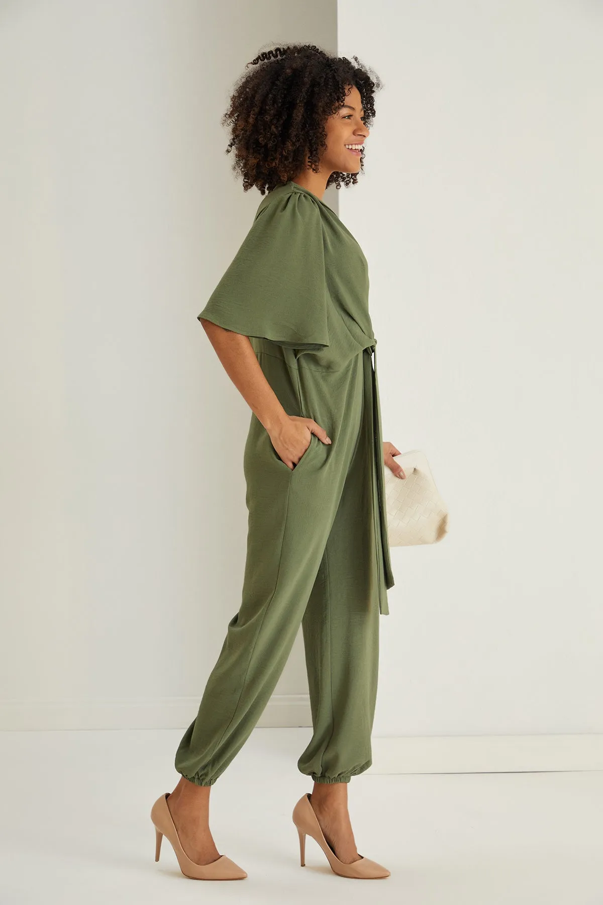 Jessica Angel Sleeve Wrap Jumpsuit in Khaki
