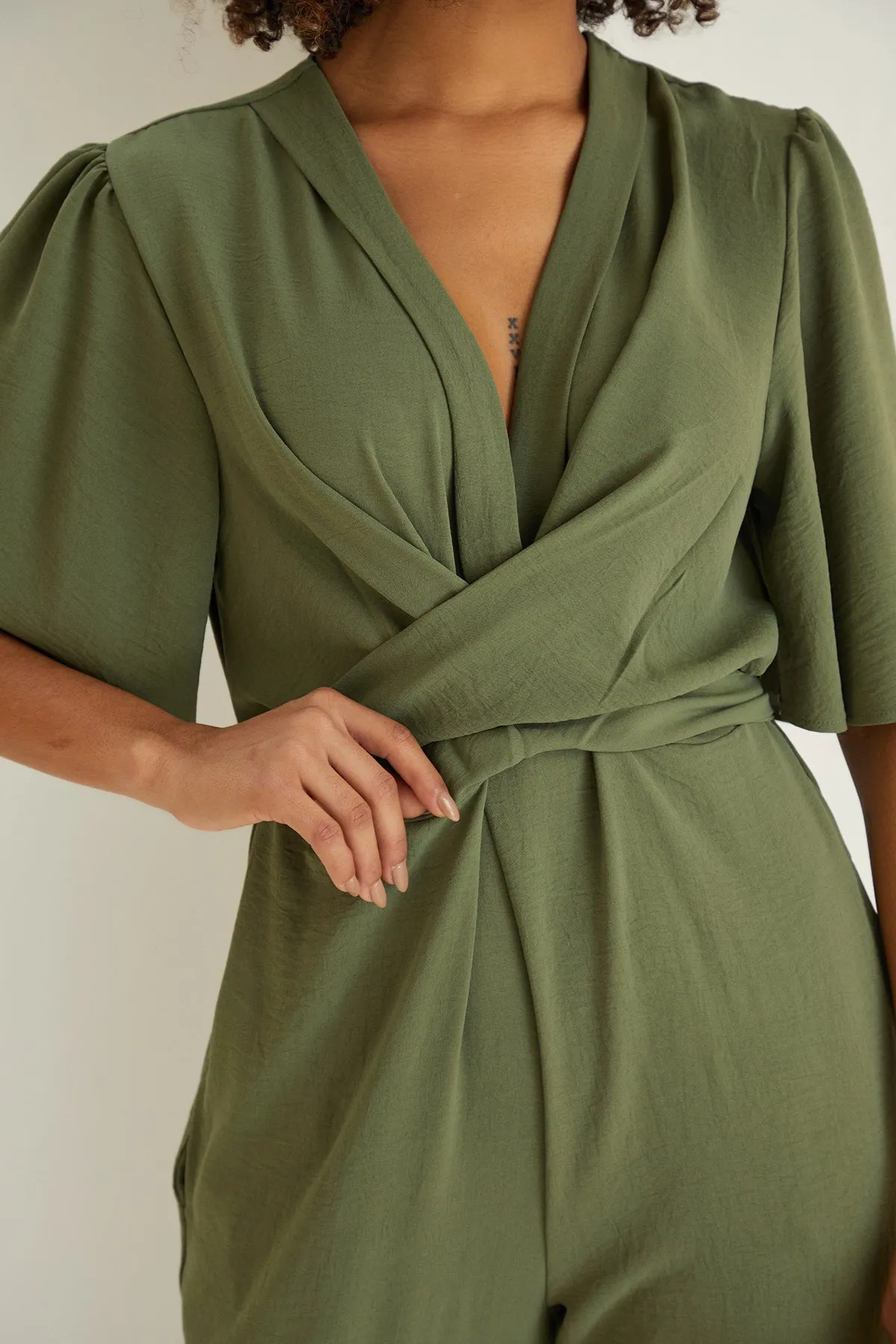 Jessica Angel Sleeve Wrap Jumpsuit in Khaki