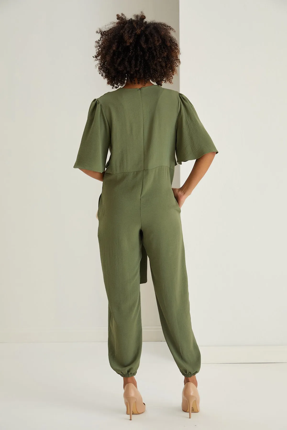 Jessica Angel Sleeve Wrap Jumpsuit in Khaki