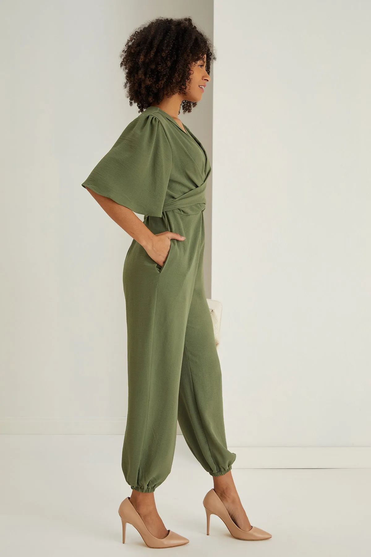 Jessica Angel Sleeve Wrap Jumpsuit in Khaki