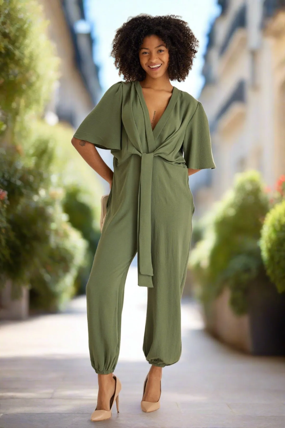 Jessica Angel Sleeve Wrap Jumpsuit in Khaki