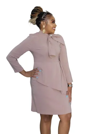 Ladies Office Dress Beige Bow