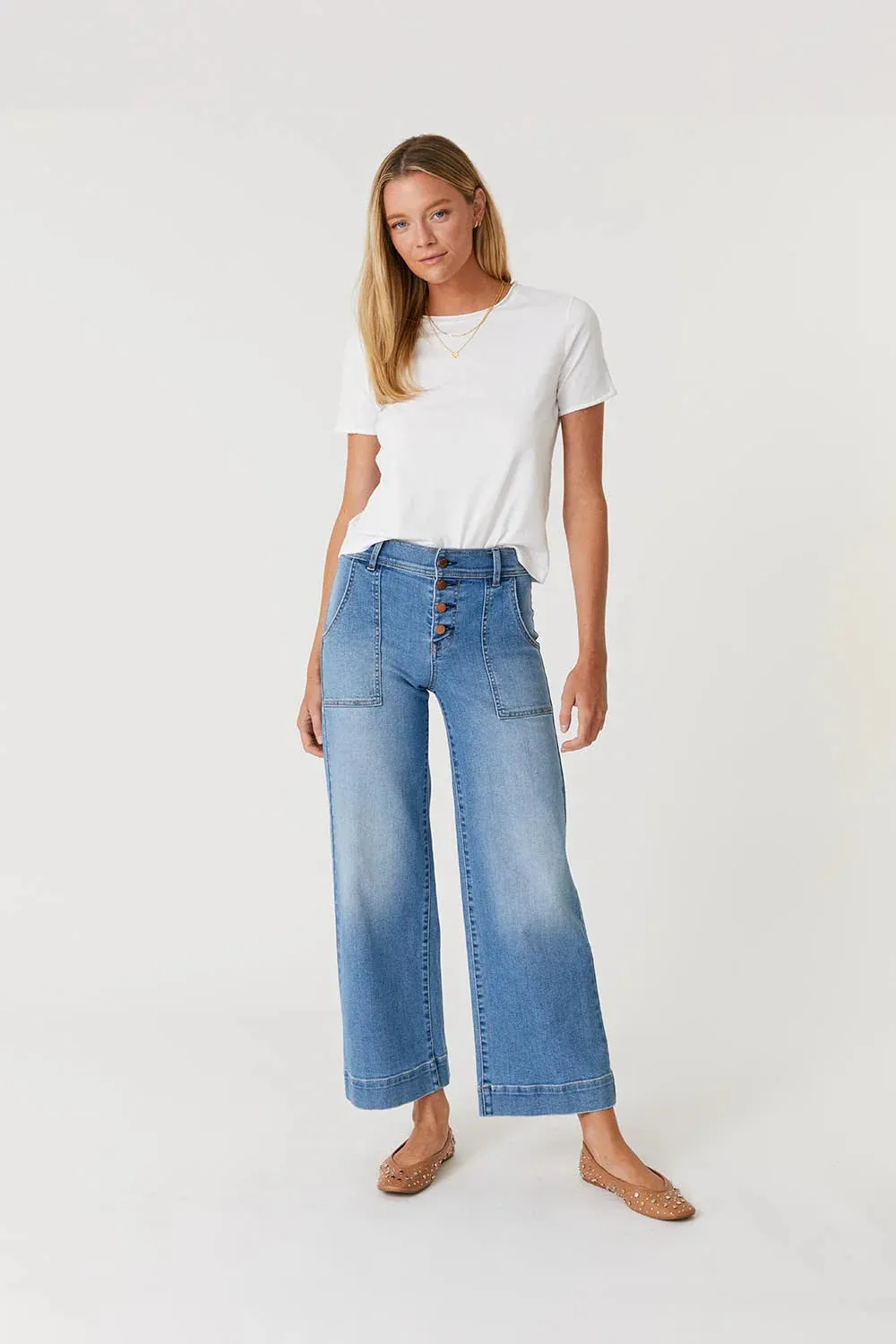 LEVEL 99 CAMILLE EXPOSED BUTTON WIDE LEG JEANS - LIGHT BLUE