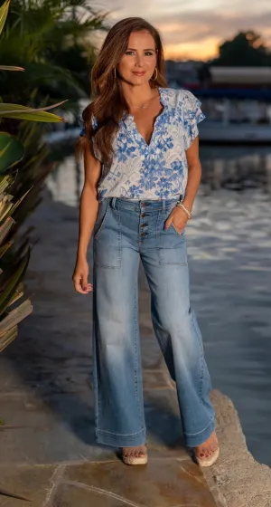 LEVEL 99 CAMILLE EXPOSED BUTTON WIDE LEG JEANS - LIGHT BLUE