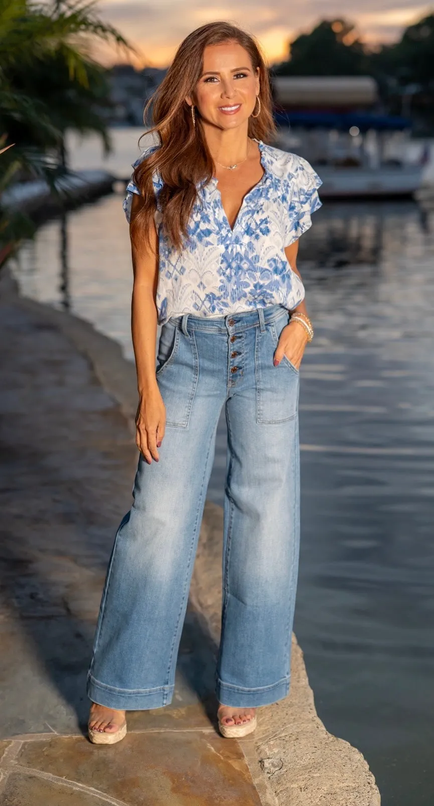 LEVEL 99 CAMILLE EXPOSED BUTTON WIDE LEG JEANS - LIGHT BLUE