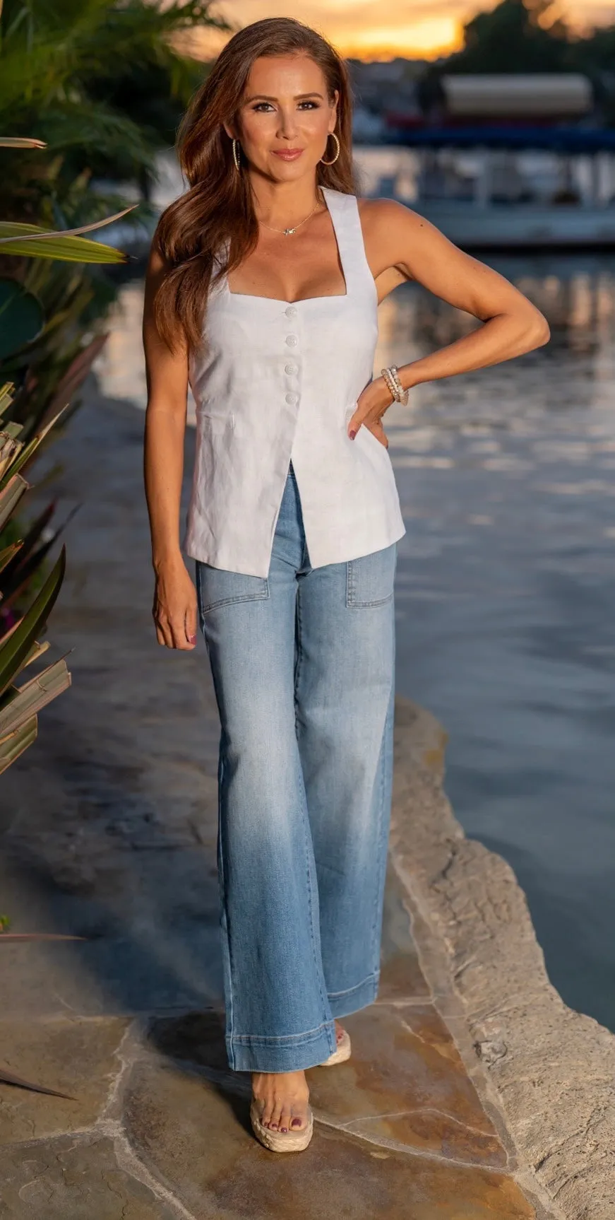 LEVEL 99 CAMILLE EXPOSED BUTTON WIDE LEG JEANS - LIGHT BLUE