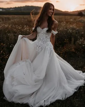 Luolandi A Line Tulle Off The Shoulder Floor Length Wedding Dresses With Lace & Pearls Sexy