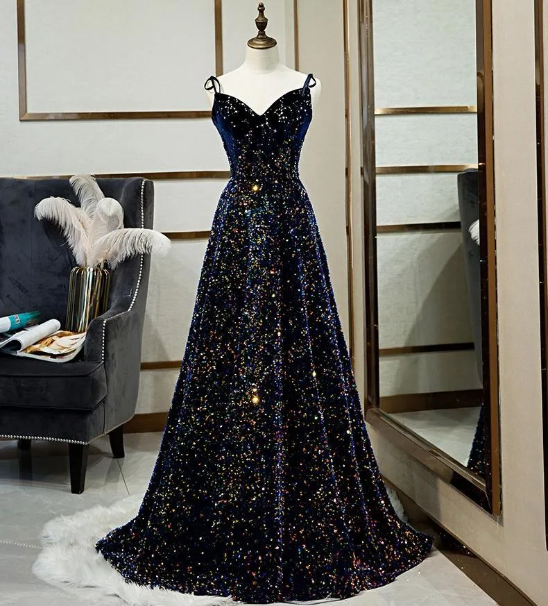 Luolandi Sparkly A Line Spaghetti Straps Lace Up Back Long Prom Dresses Evening Dresses V-neck