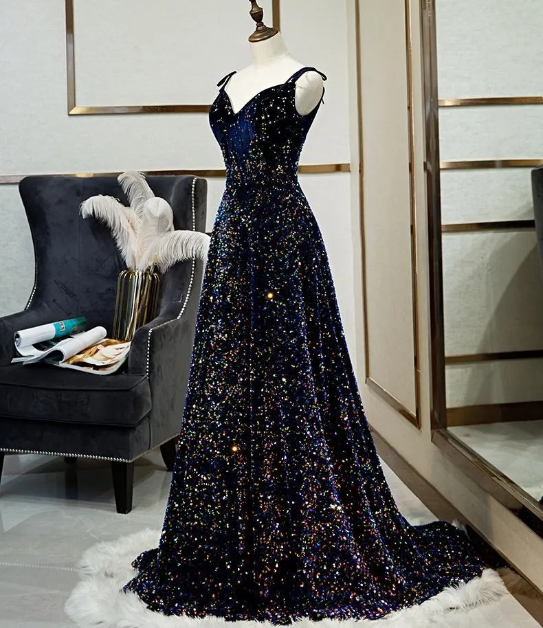 Luolandi Sparkly A Line Spaghetti Straps Lace Up Back Long Prom Dresses Evening Dresses V-neck