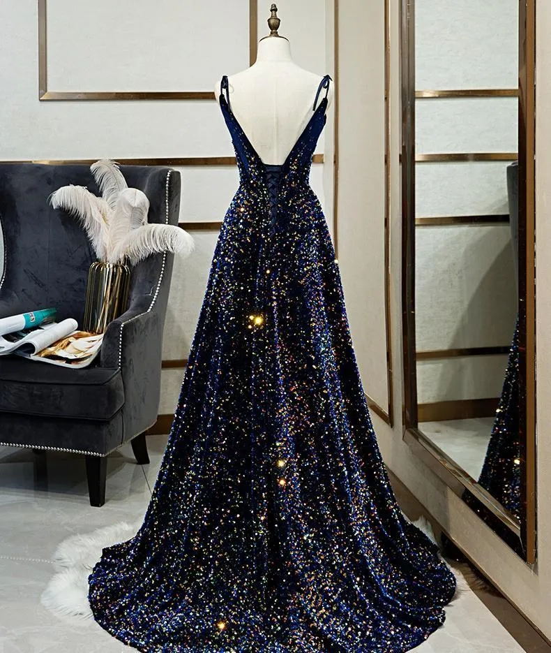 Luolandi Sparkly A Line Spaghetti Straps Lace Up Back Long Prom Dresses Evening Dresses V-neck