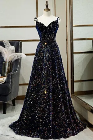 Luolandi Sparkly A Line Spaghetti Straps Lace Up Back Long Prom Dresses Evening Dresses V-neck
