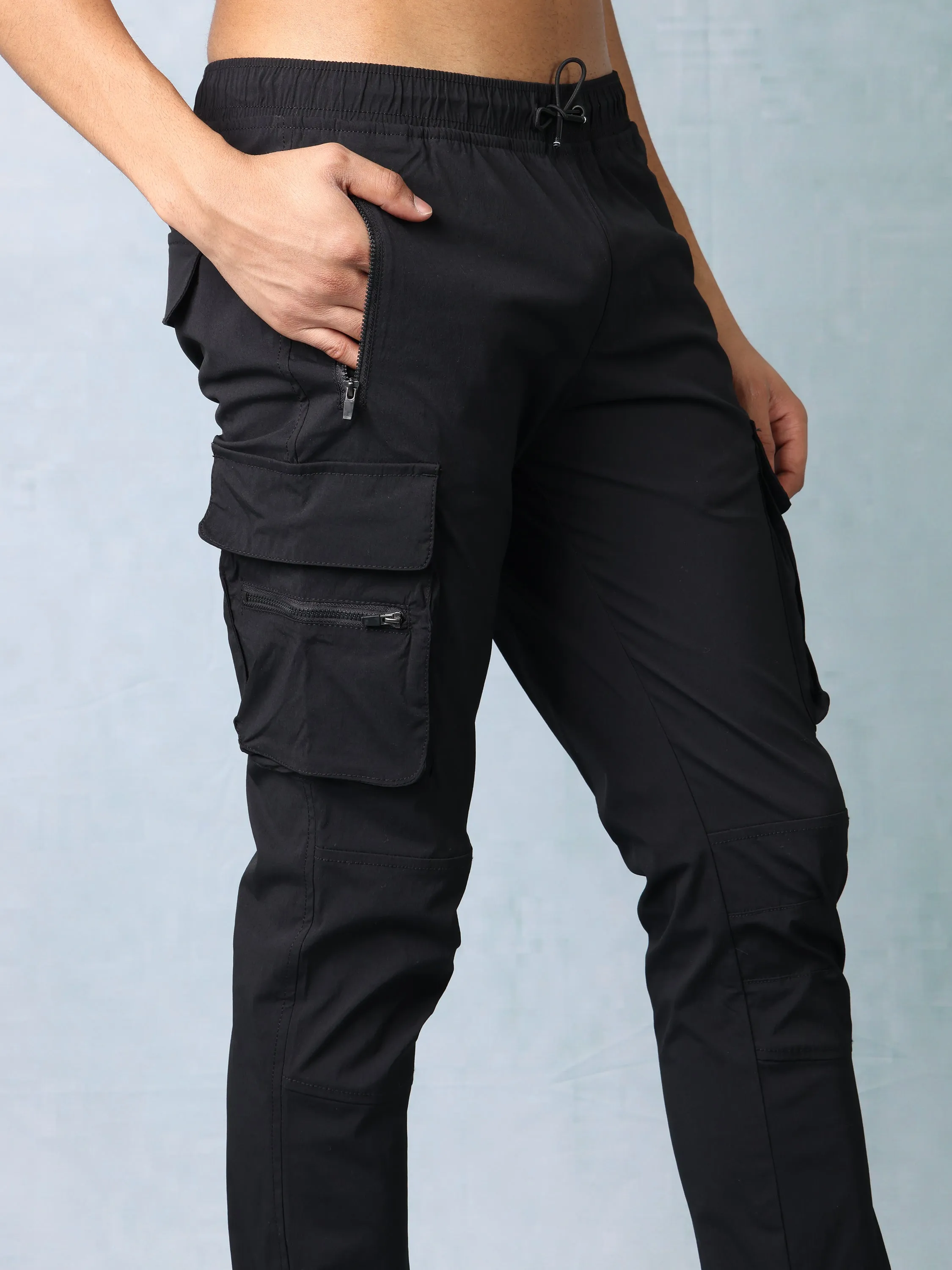 Men Black Parachute Cargo Pants