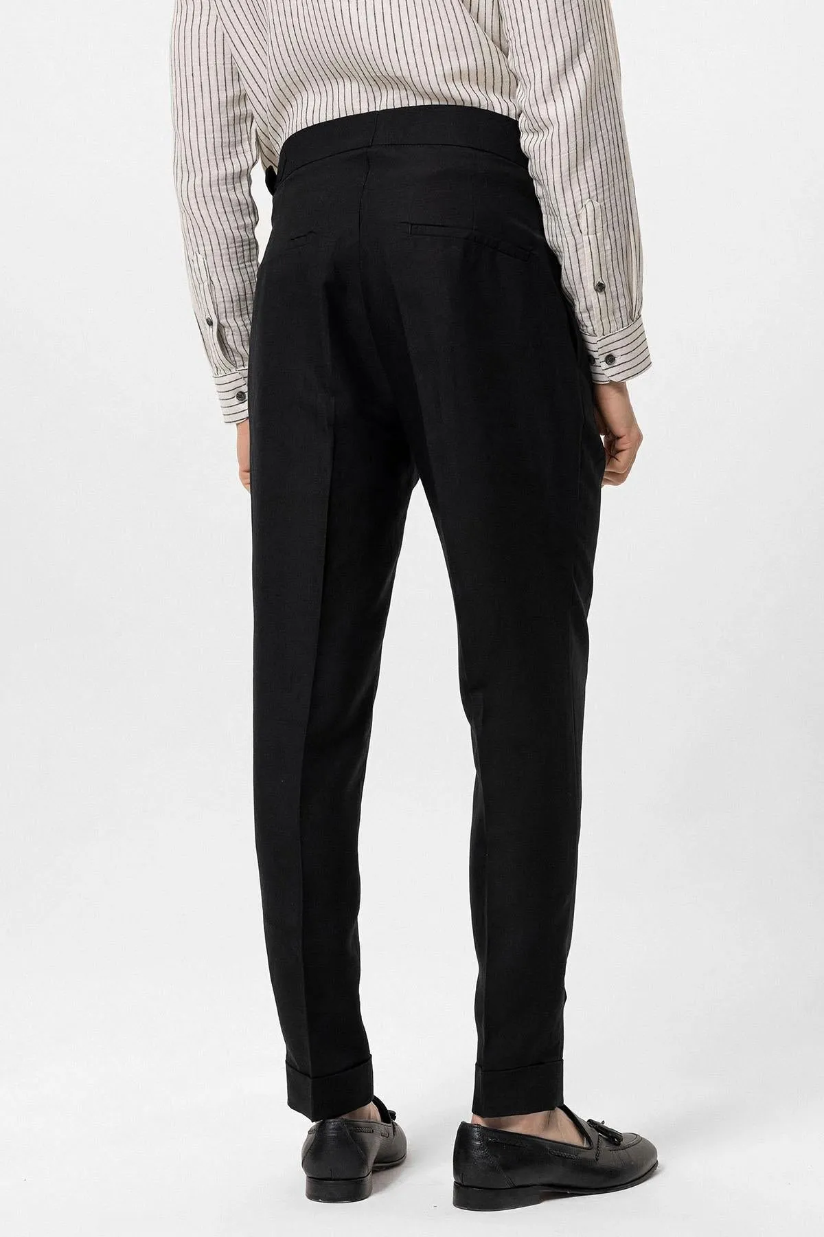 Men's Black Cuffed High-Waisted  Pants - Wessi