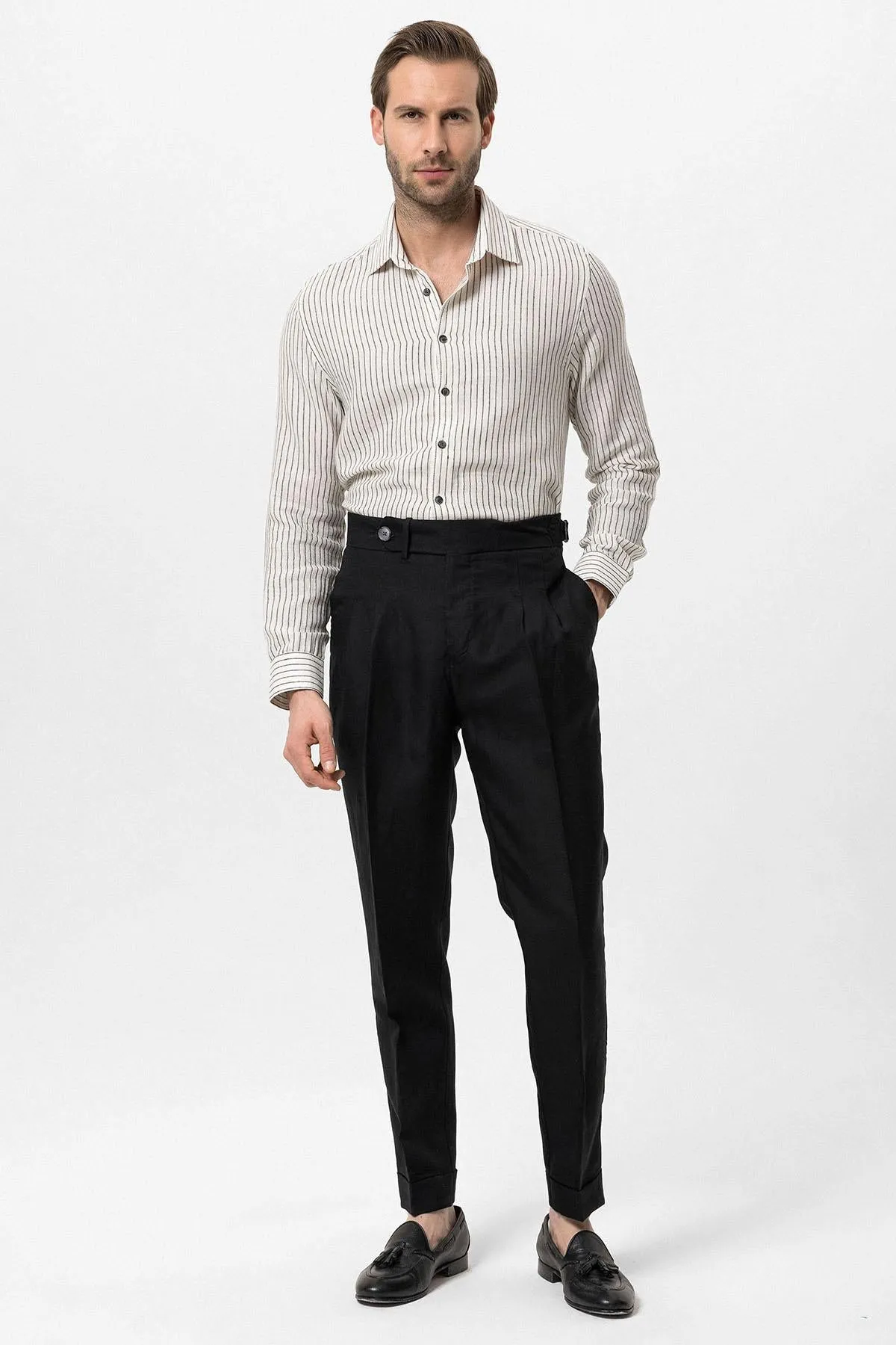 Men's Black Cuffed High-Waisted  Pants - Wessi