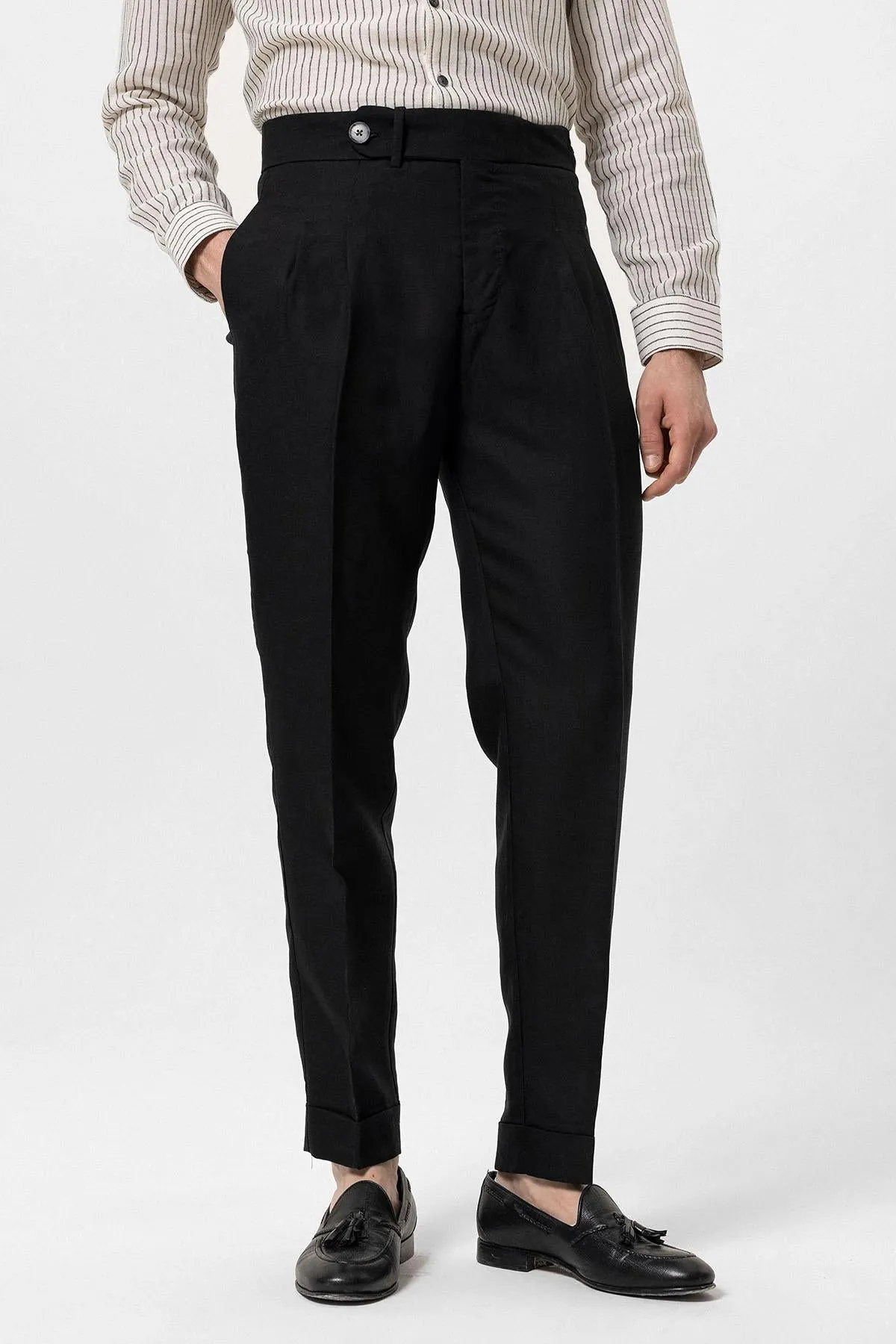 Men's Black Cuffed High-Waisted  Pants - Wessi