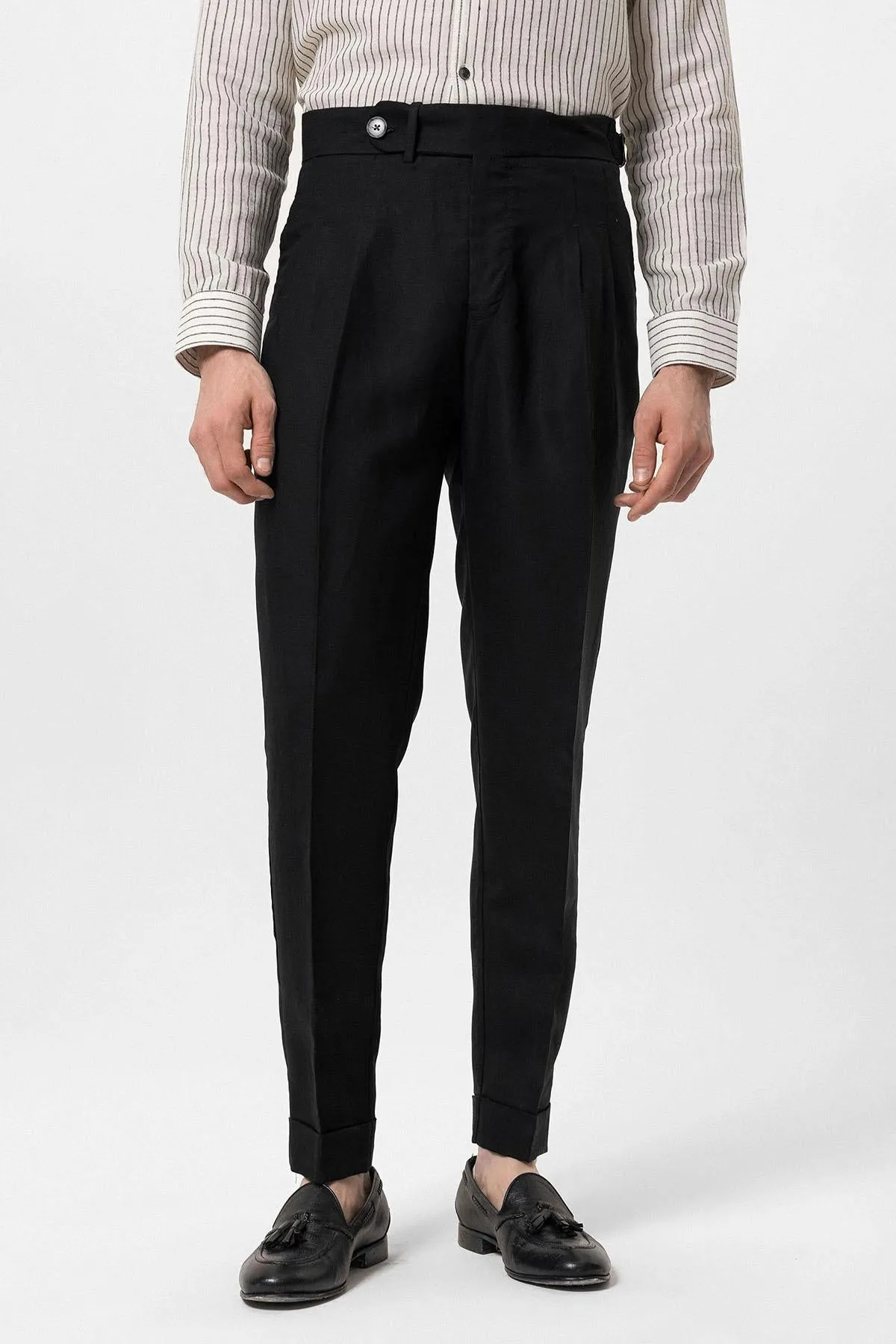 Men's Black Cuffed High-Waisted  Pants - Wessi