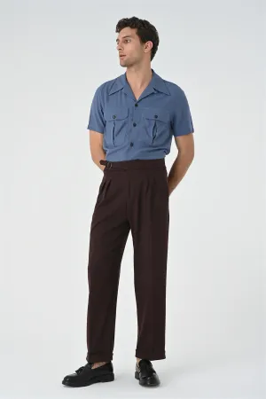 Men's Brown Buckle Detailed Pleated High Waist  Trousers - Wessi