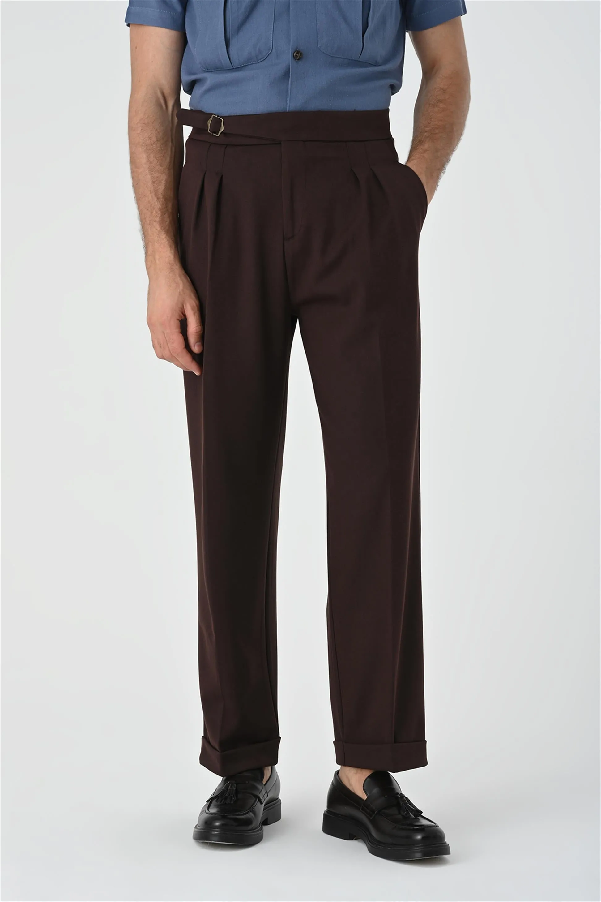 Men's Brown Buckle Detailed Pleated High Waist  Trousers - Wessi