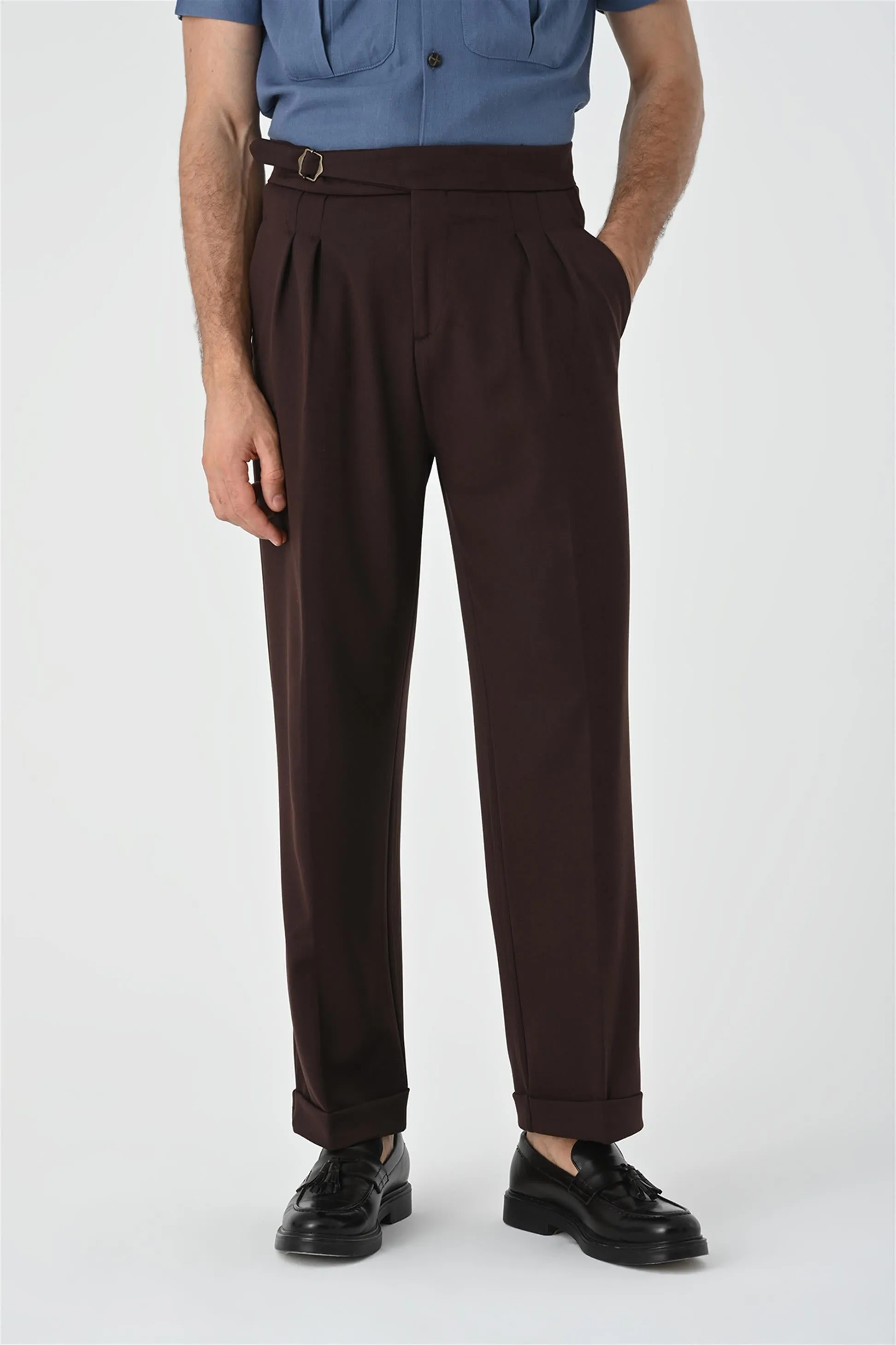 Men's Brown Buckle Detailed Pleated High Waist  Trousers - Wessi