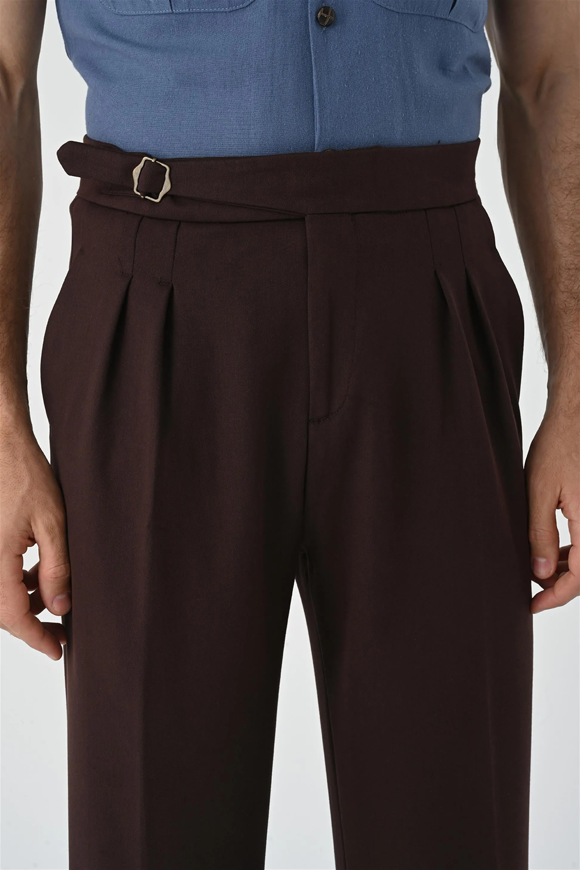 Men's Brown Buckle Detailed Pleated High Waist  Trousers - Wessi