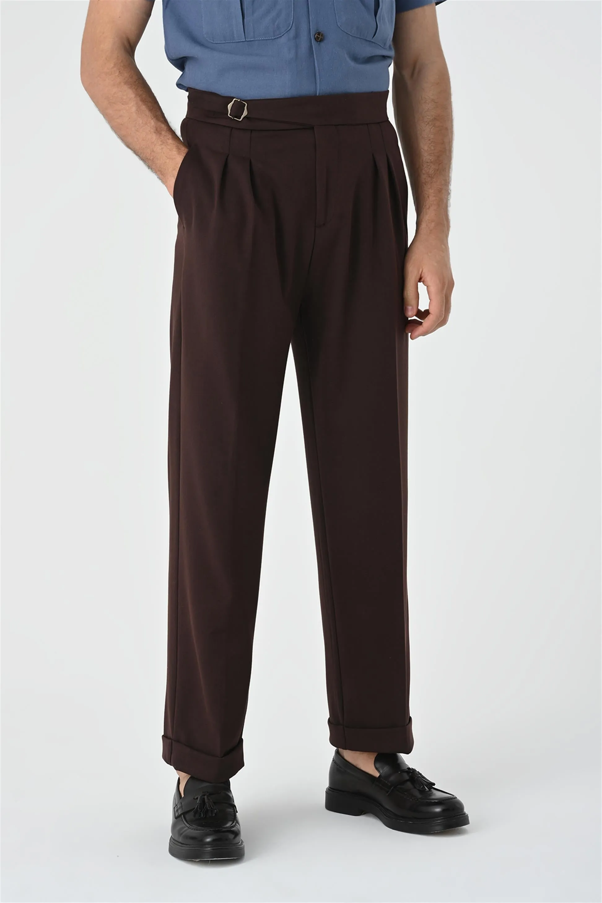Men's Brown Buckle Detailed Pleated High Waist  Trousers - Wessi