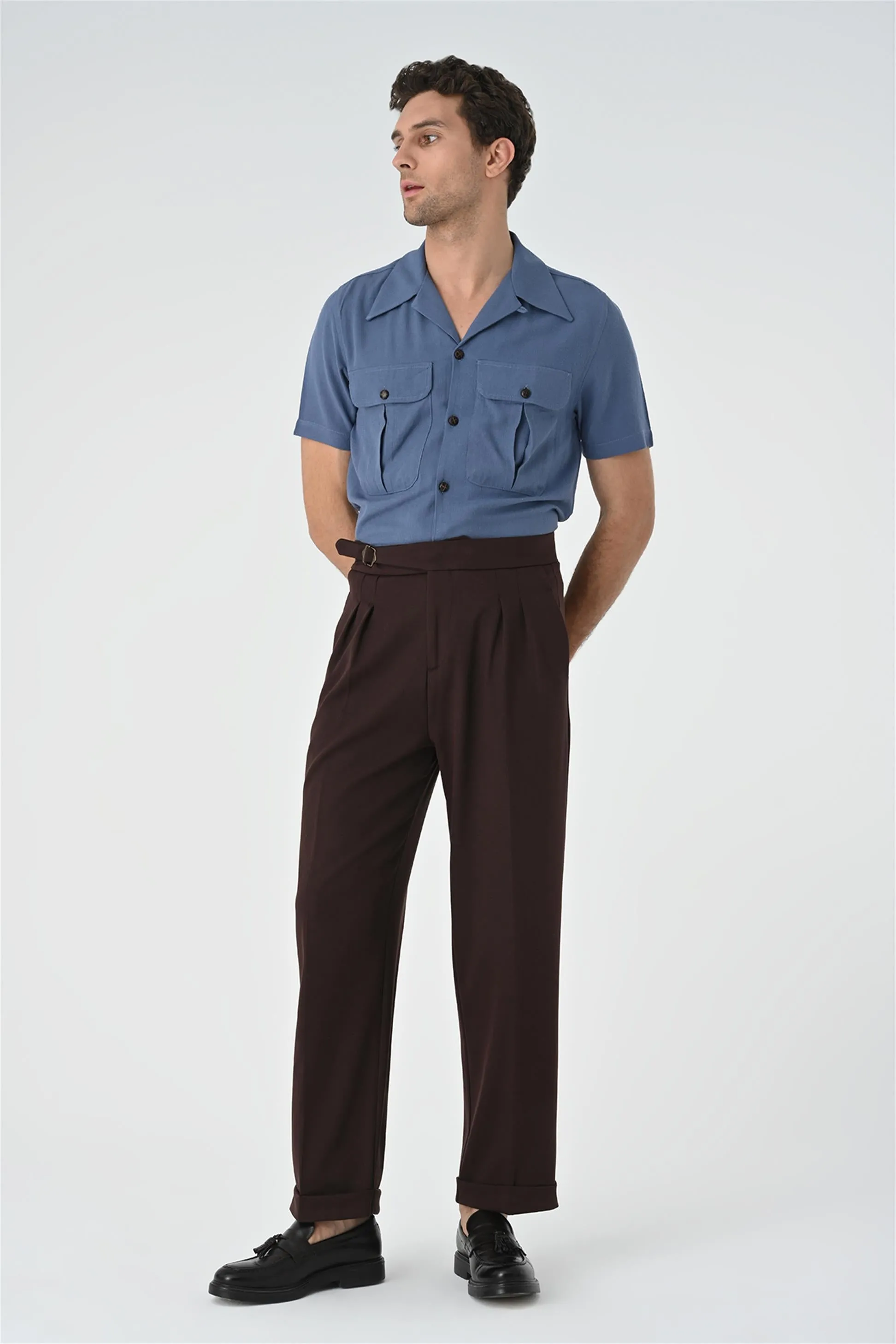 Men's Brown Buckle Detailed Pleated High Waist  Trousers - Wessi