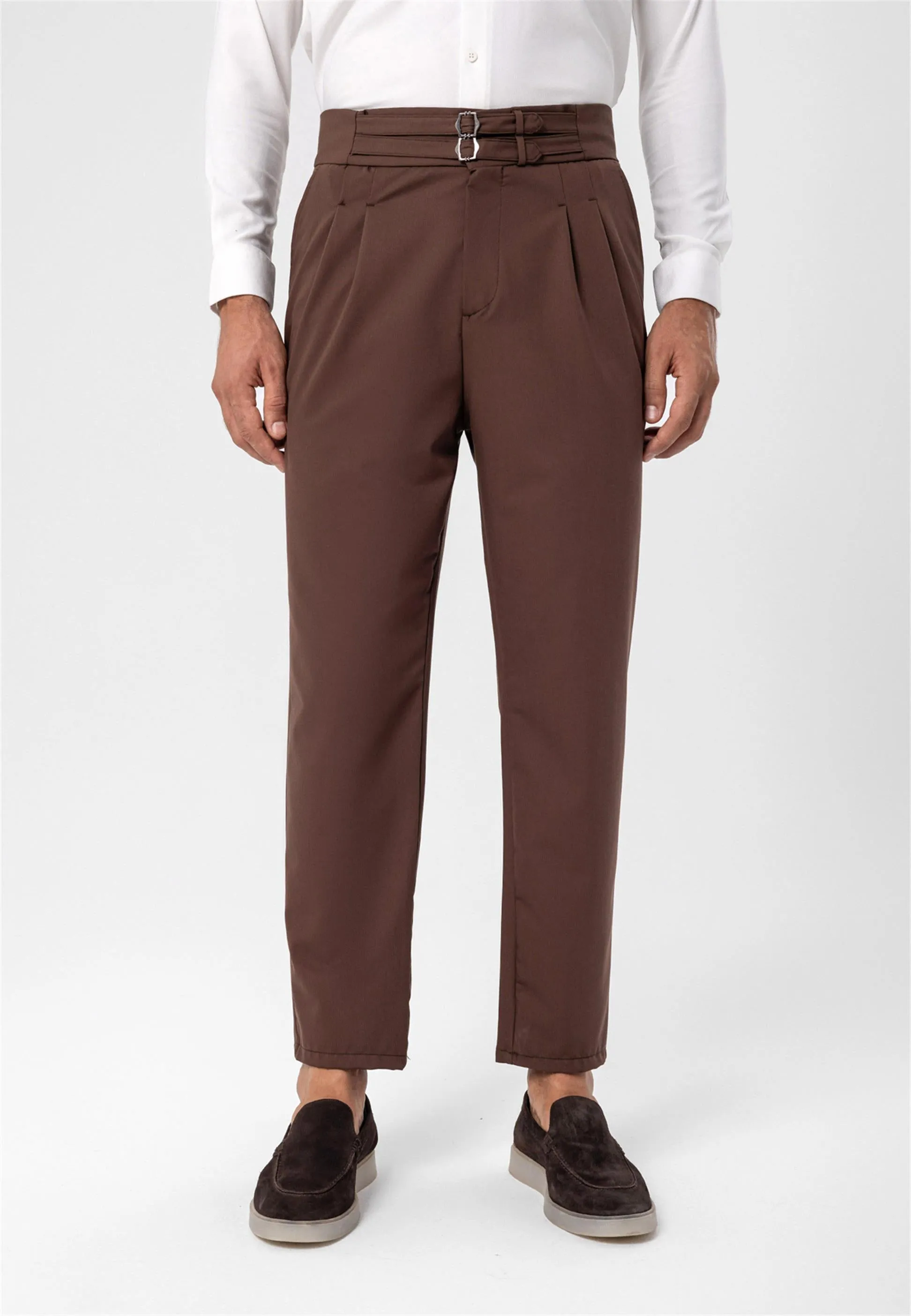 Men's Brown High Waist Buckle Belt Pleated Fabric Trousers - Wessi