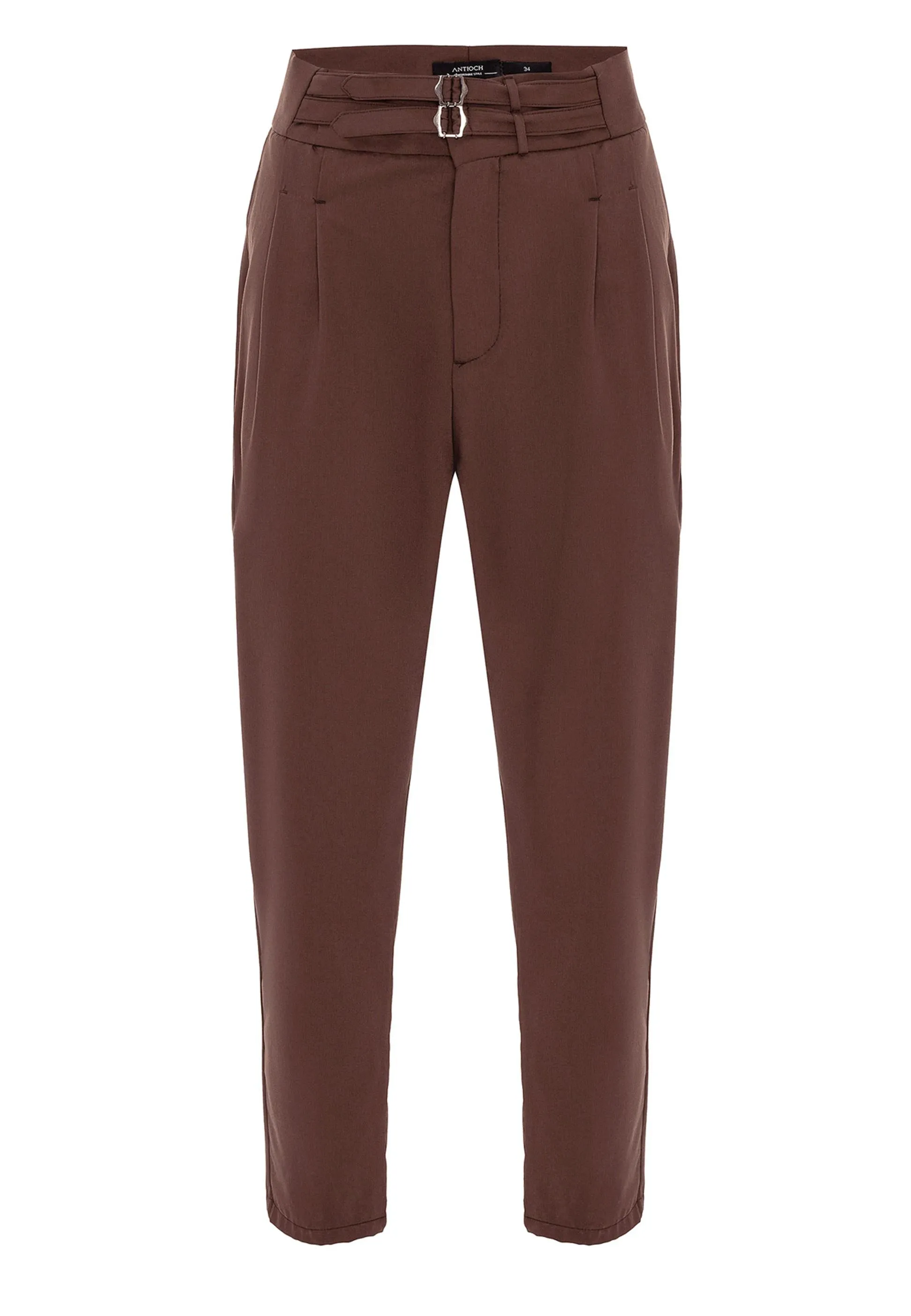 Men's Brown High Waist Buckle Belt Pleated Fabric Trousers - Wessi