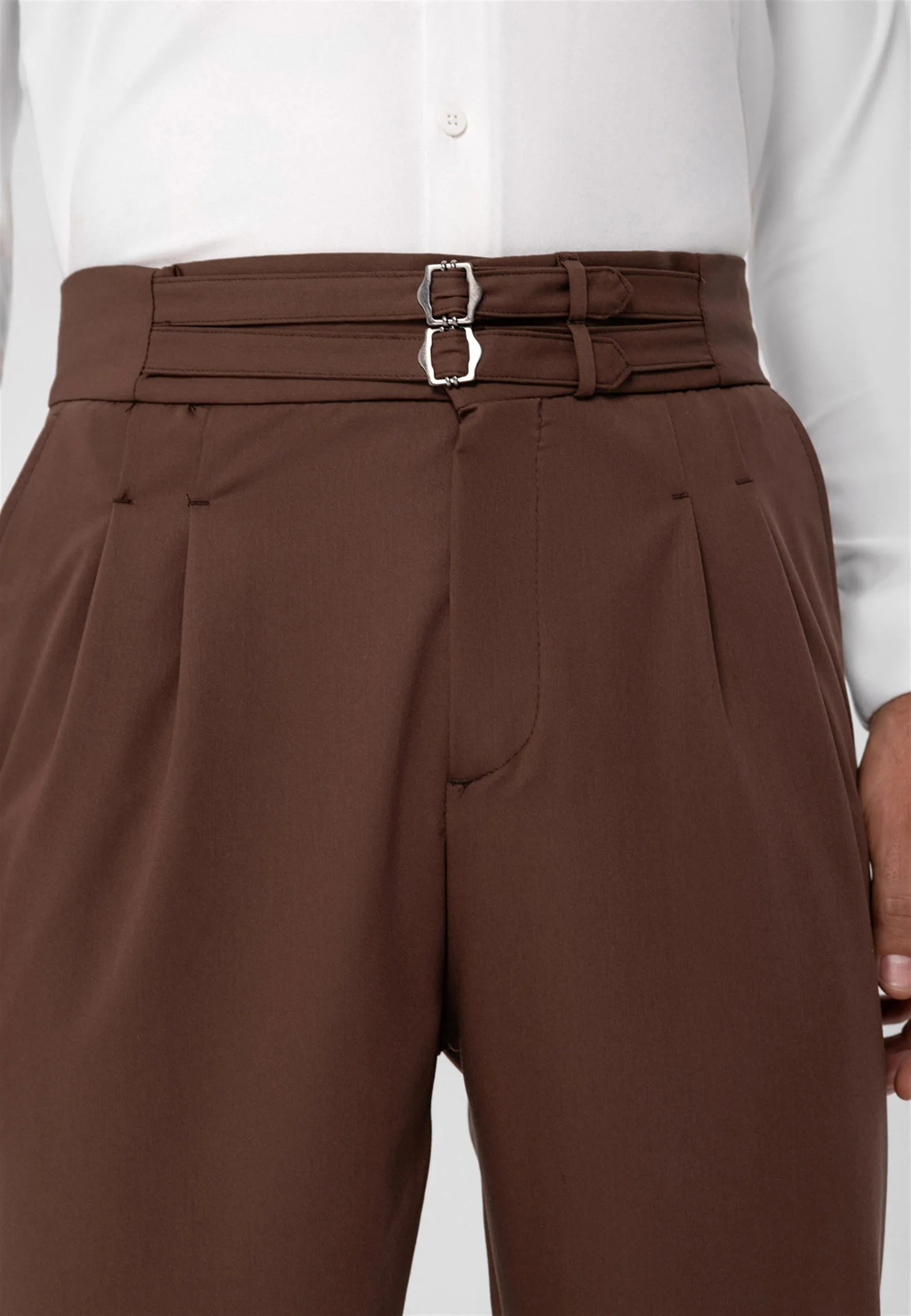 Men's Brown High Waist Buckle Belt Pleated Fabric Trousers - Wessi