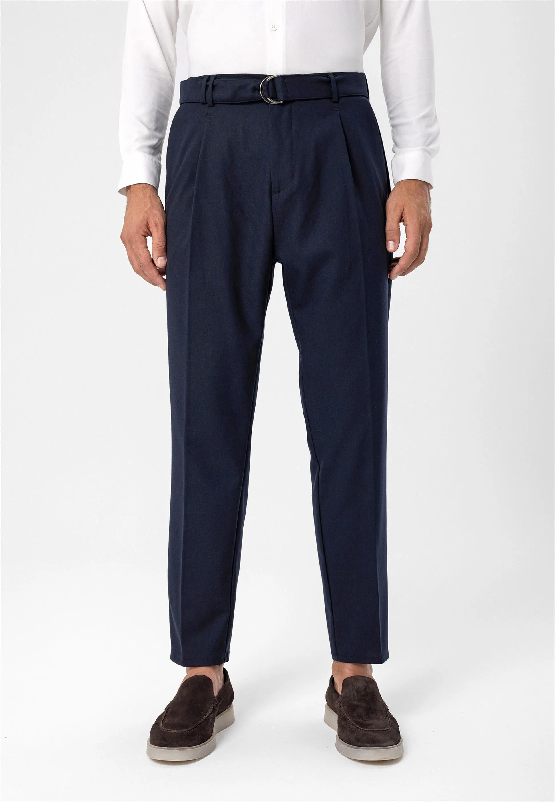 Men's Navy Blue High Waist Girdle Closure  Trousers - Wessi