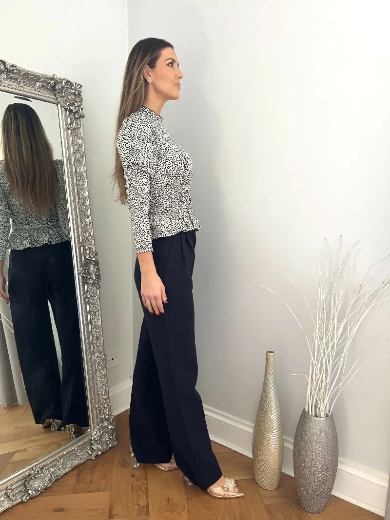 Monochrome Smocked Peplum Blouse