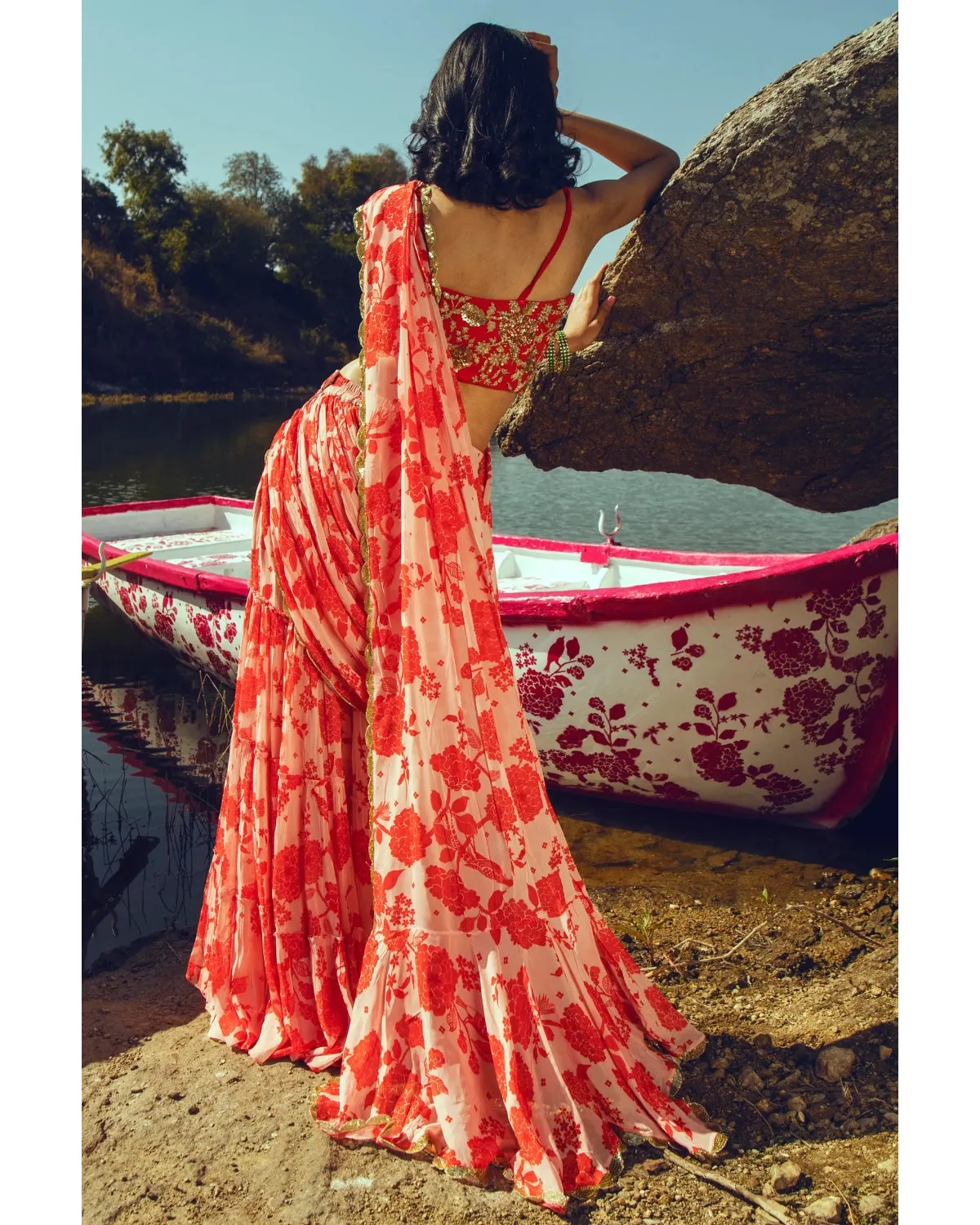 Onion Pink Printed Sharara Sari Set