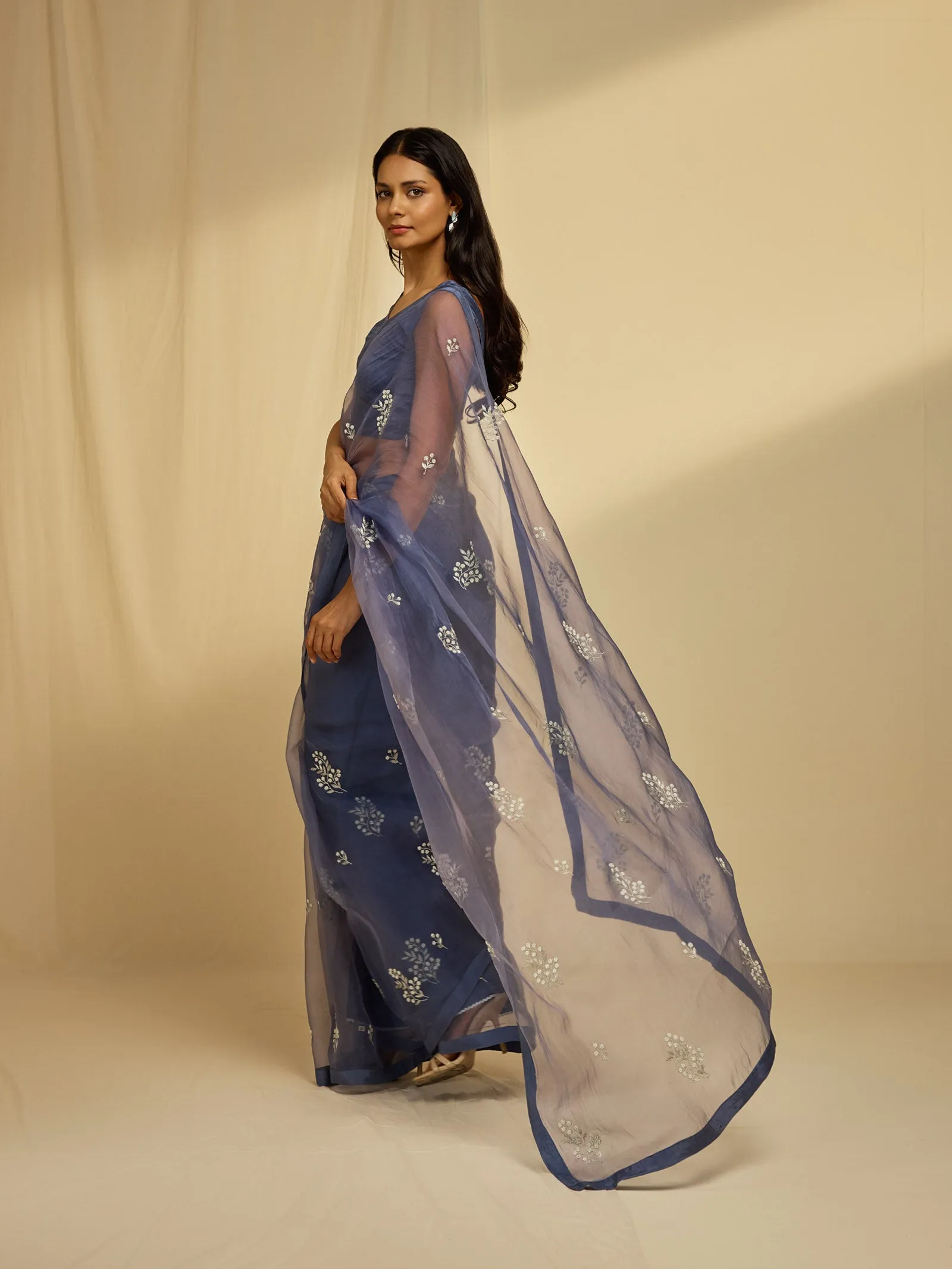 Oyster Blue Organza Saree