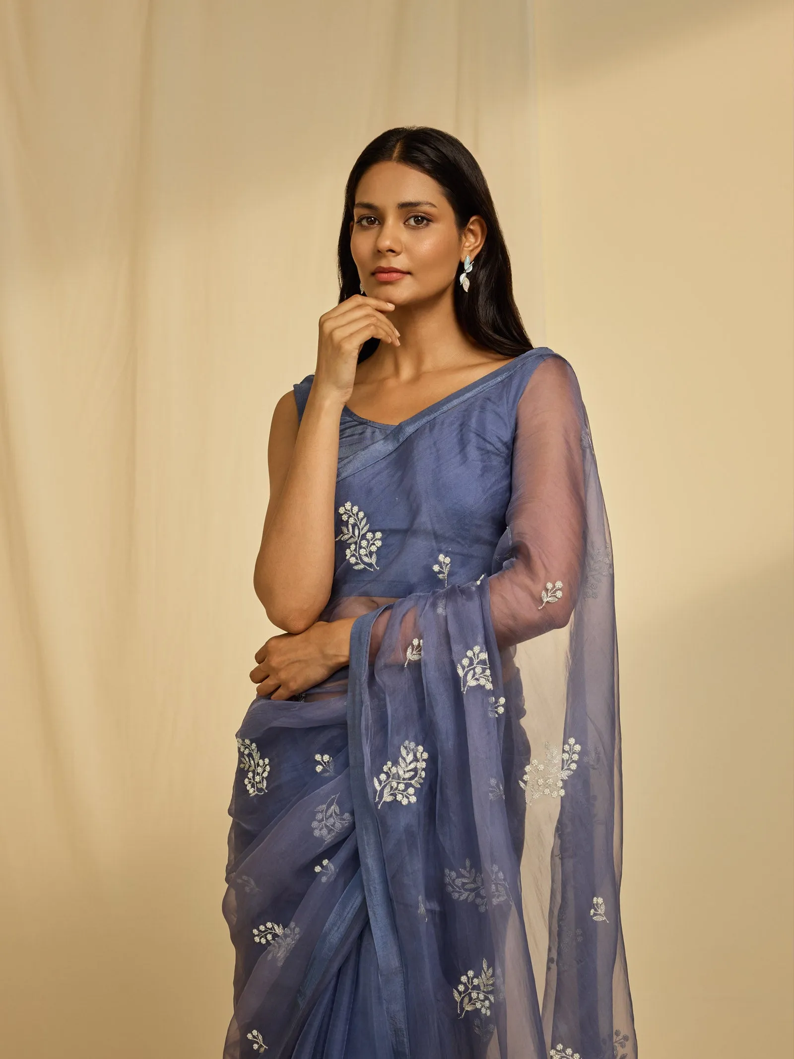 Oyster Blue Organza Saree