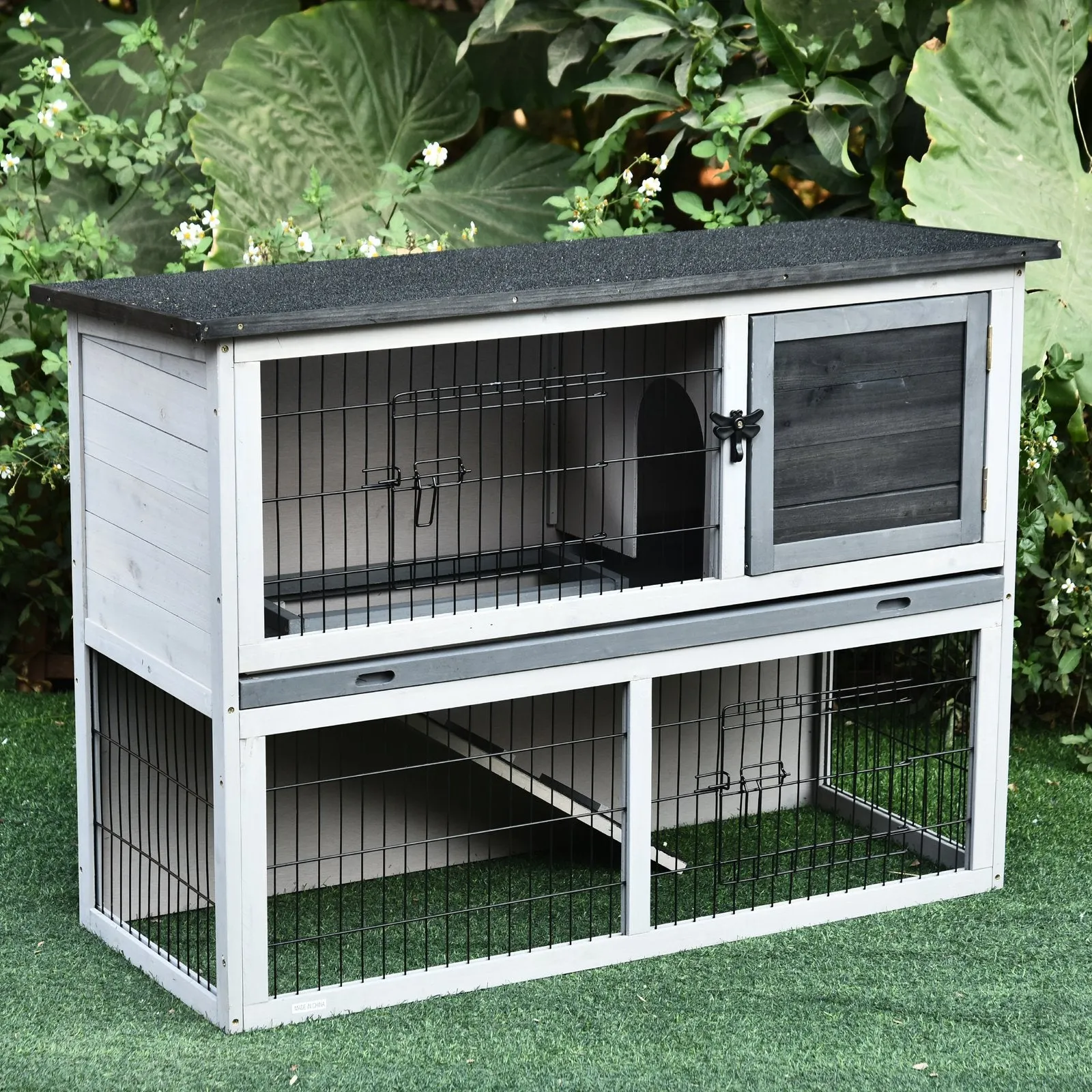 Pawhut Rabbit Hutch Light Grey, Dark Grey and Black.
