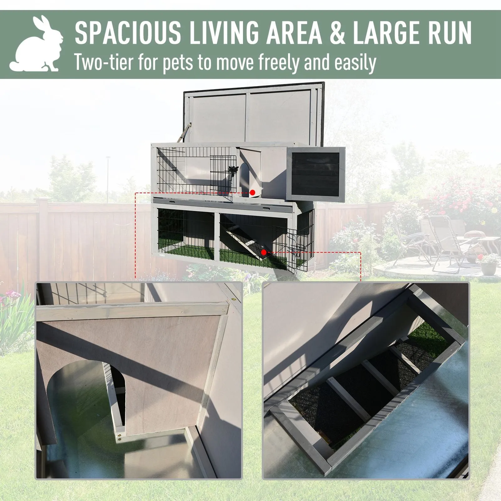 Pawhut Rabbit Hutch Light Grey, Dark Grey and Black.