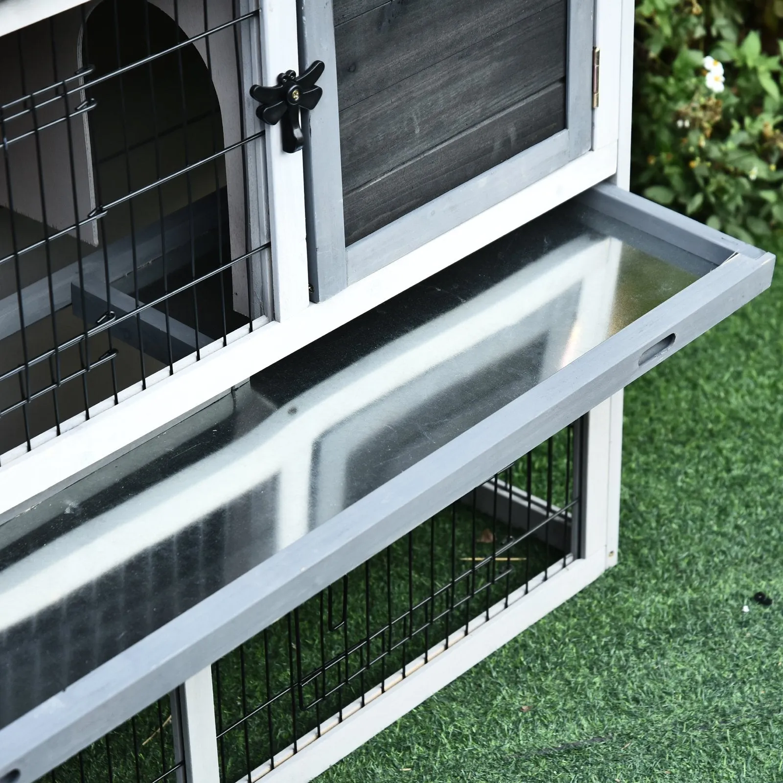 Pawhut Rabbit Hutch Light Grey, Dark Grey and Black.
