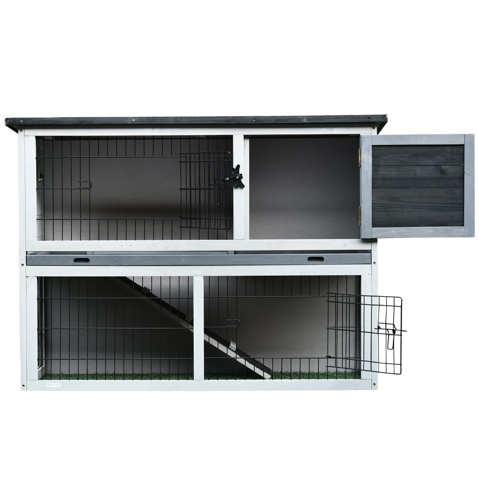 Pawhut Rabbit Hutch Light Grey, Dark Grey and Black.