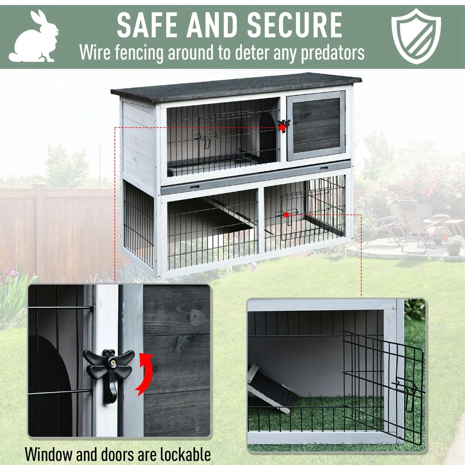 Pawhut Rabbit Hutch Light Grey, Dark Grey and Black.