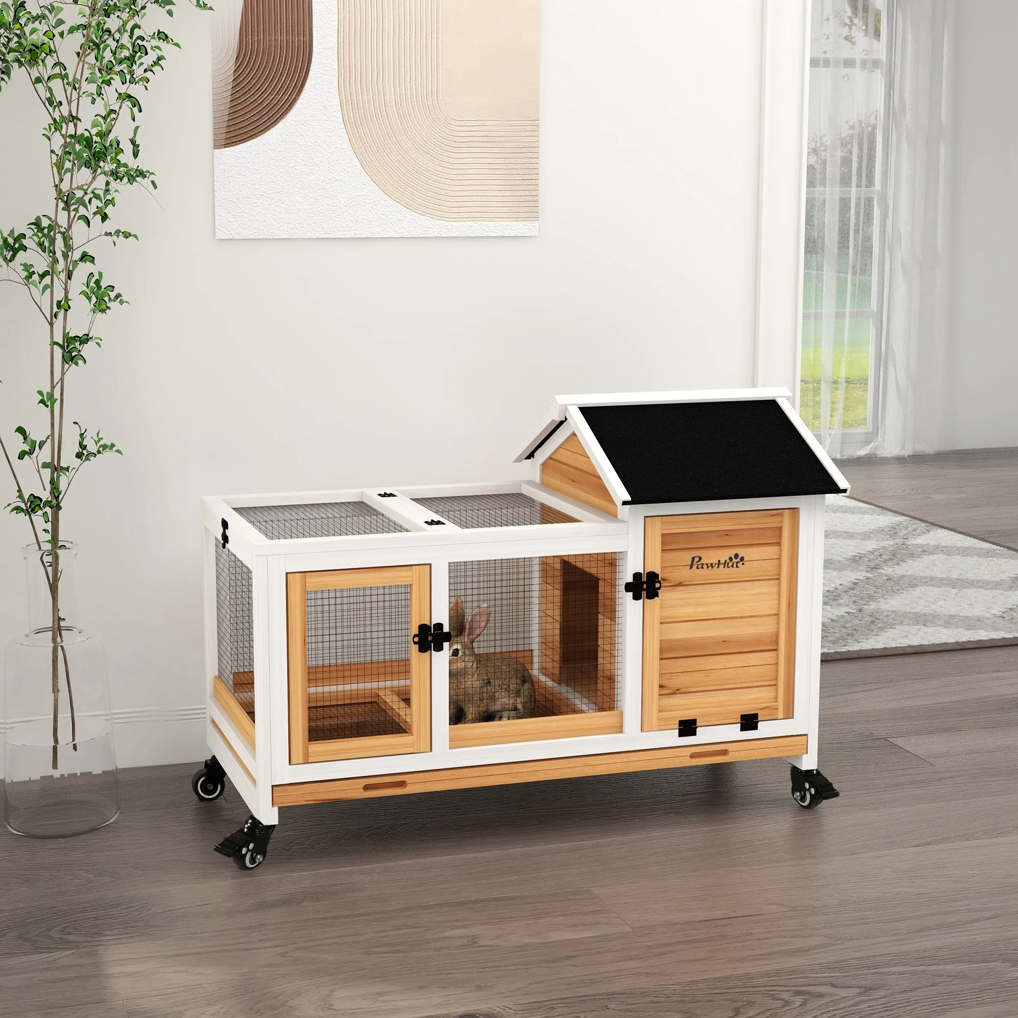 PawHut Wooden Rabbit Hutch, Small Animal House w/ Wheels, Removable Tray
